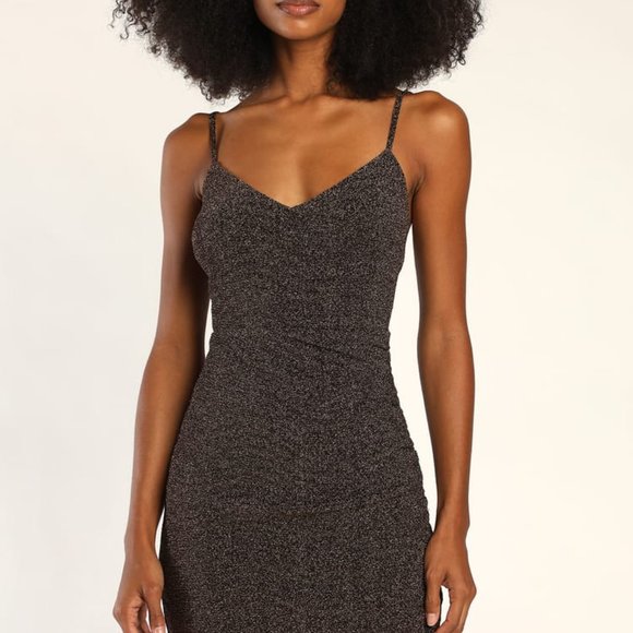 *NWT* (SMALL) Lulu's Iconic Angles Bronze Lurex Ruched Bodycon Mini Dress - Picture 4 of 8